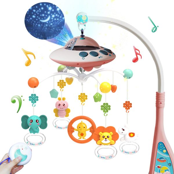 Eners Baby Crib Mobile with Music and Lights, Mobile for Crib with Remote Control, Rotation, Moon and Star Projection, Baby Crib Toys for Boys Girls (Pink)