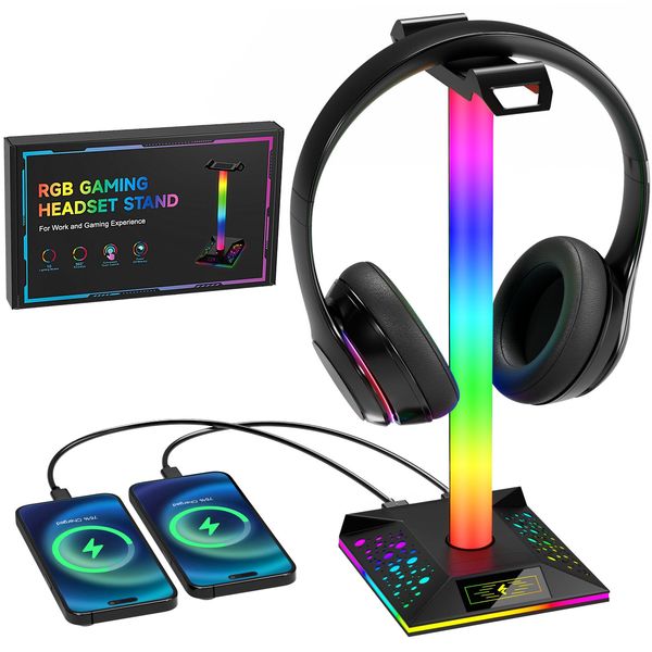 Gaming Headphone Stand PC Accessories - RGB Headset Stand with 2 USB Charger, Cool LED Headphone Holder PC Gaming Accessories Gift for Boys Men Gamers, Computer Game Hardware for Desk