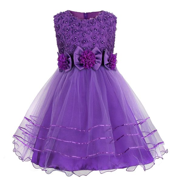 Discoball Girls Princess Dress Rose Flower Bow Tie Party Dress Tulle Wedding Dress Bridesmaid Christening Elegant Formal Dress for Girls(Purple)