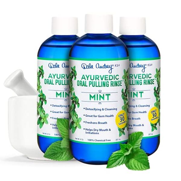 Dale Audrey Ayurvedic Organic Oil Pulling for Teeth and Gums | Refreshing Mint Flavored Oral Rinse Mouthwash | Essential Oils for Bad Breath | Whitening Teeth & Fresh Breath | (3 Pack,8oz)