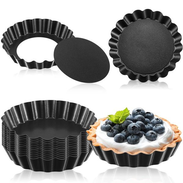 Tessco 16 Pieces Mini Tart Pans with Removable Bottom Nonstick Quiche Pan Mini Pie Pans Mini Tart Pans Bakeware Mold Fluted Side for Pies (Black Gray Round,3 Inch)