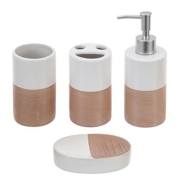 MyGift Deluxe 4 Piece Dual Tone White with Clay Stripe Ceramic Bathroom Accessories Set, Includes Soap Dish, Pump Dispenser, Tumbler Cup, and Toothbrush Holder