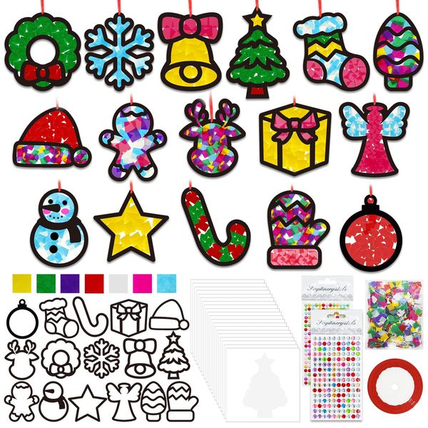 32 Set Christmas DIY Craft Kits，Christmas Tissue Paper Sign Craft Kit Christmas Tree Ornaments Suncatchers Craft Craft for Winter Xmas Classroom School Decorations DIY Art Project Activities