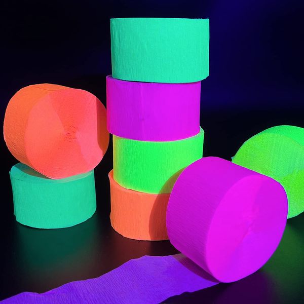 840feet Blacklight Party Streamer Decorations 8 Rolls Glow Crepe Paper UV Reactive Fluorescent Neon Paper Streamers Glow Party Supplies and Decorations for Wedding, Birthday, Neon Party, Fiesta Party