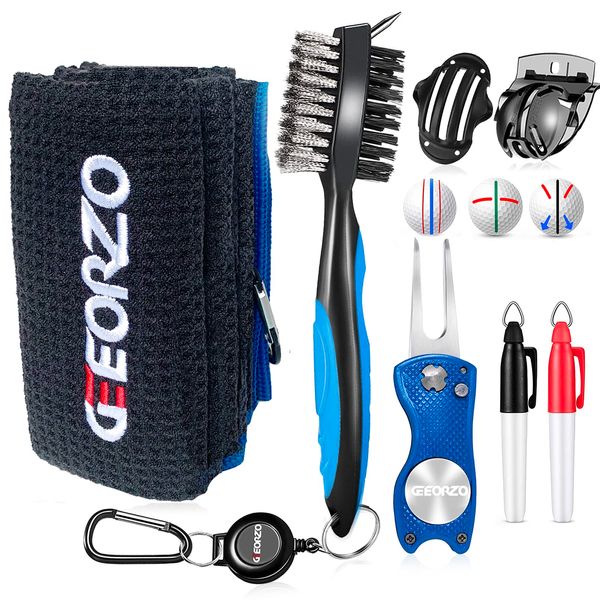 Geeorzo 7-in-1 Golf Zubehör Kits, einziehbare Golfschlägerbürste, faltbares Golf Pitchgabel Werkzeug, Mikrofaser Golf Handtuch, Golfball Linienmarkierer und Ballmarkierer (Blue)