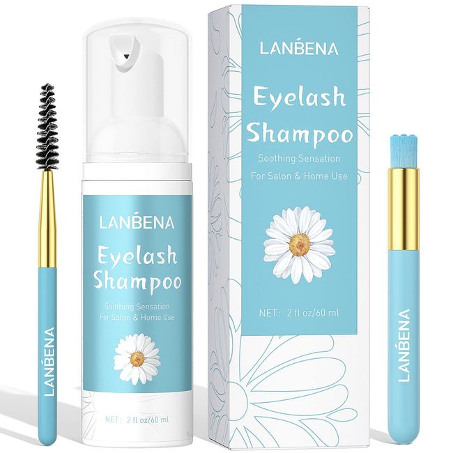 Eyelash Extension Cleanser, LANBENA Lash Shampoo, Eyelash Extension Shampoo, Lash Cleanser for Extensions, Lash Foam Cleanser, Chamomile Eyelash Cleaner, Paraben & Sulfate & Oil Free for Salon and Home Use (60ml 2 Fl Oz )