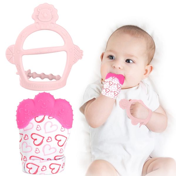 Vicloon Baby Teething Set,Teething Mittens for Baby,Includes Baby Chew Toy and Teething Glove, Silicone Mitten Teether Glove,Infant Soothing Pain Relief Mitt Baby Teether Mits for Baby (Rose Red)