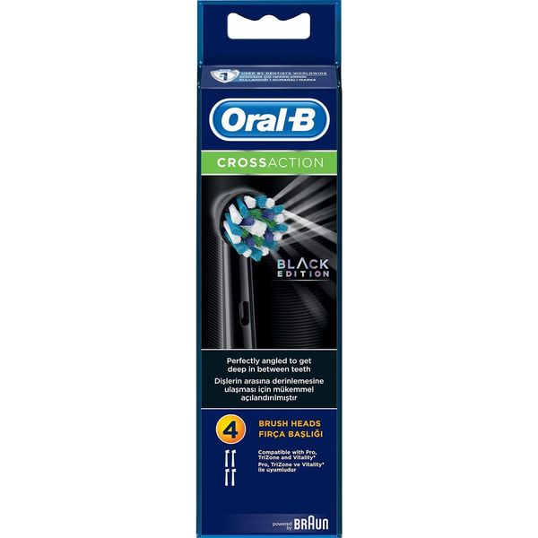 Oral-B CrossAction Black Toothbrush Heads Pack Of 4 Replacement Refills For Electric Rechargeable Toothbrush, Black Edition