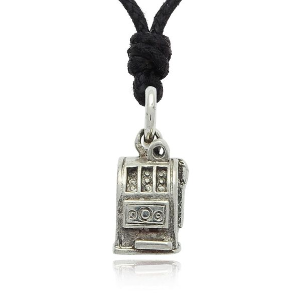 Slot Machines Gamble Las Vegas Silver Pewter Charm Necklace Pendant Jewelry Cotton Cord