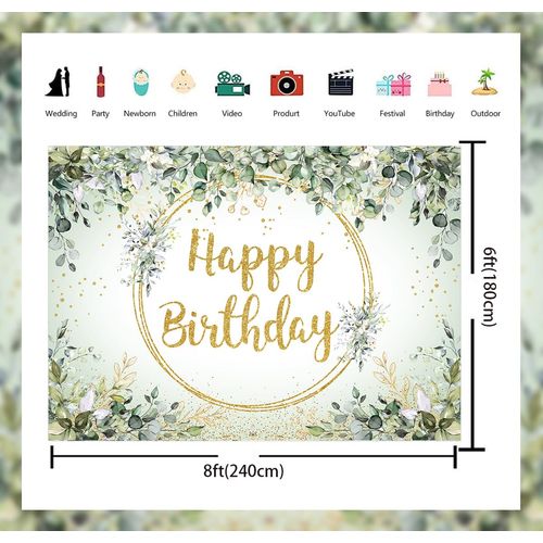 Green Happy Birthday Backdrop Greenery Eucalyptus Leaves Birthday Photography Background for Kids Adults Jungle Neutral Theme Birthday Party Baby Shower Decorations Supplies (8x6FT: 96x72 inch)