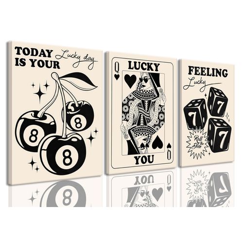 BingruiArt Trendy Retro Wall Art Canvas Set of 3 Cherry Black 8 Ball Decor Queen of Hearts Card Pictures Feeling Lucky You Dice Posters Printing Prints For Bedroom Game Room Bar 12x16in Framed