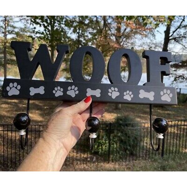 WOOF Dog Leash Collar Holder Hanger 3 Hooks Bone Paw Print Pet Puppy Coat Keys