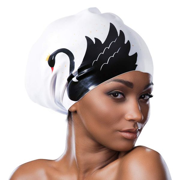 COPOZZ Extra Large Swim Cap, Designed for Long Hair Braids Dreadlocks Weaves Hair Extensions Curls & Afros, Silicone Bathing Cap Swimming Hat for Women Men (Black Swan)