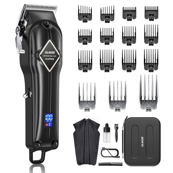 GLAKER Hair Clippers for Men - Cordless Professional Barber Clipper Hair Cutting Kit with 15 Guide Combs for Haircut, Trimming & Grooming (Black)