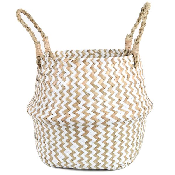 FEILANDUO Laundry Basket Wicker Woven Belly Baskets Decor Home Storage for Fruit Hand-woven Seaweed Collapsible with Handle for Organizer Plant Pot Cover(White, Medium)