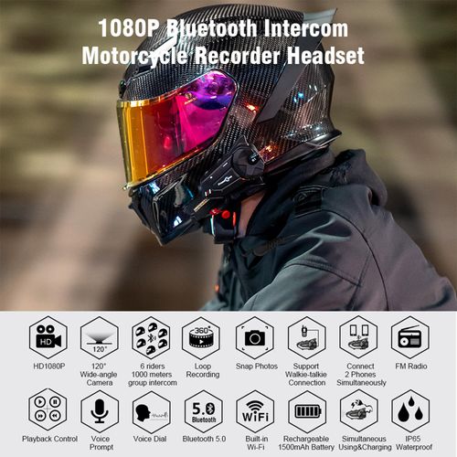 FreedConn Motorcycle Bluetooth Headset with Camera R1plus Recorder Motorcycle Helmet Bluetooth WiFi 1080P 1000M 6 Riders Group Intercom Helmet Communication System(Comes with 64G TF Card)