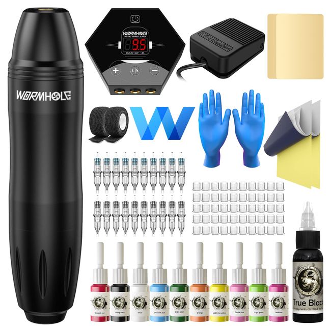 Wormhole Tattoo Maschine Set Komplettes Professionelles Rotary Tattoo Kit Netzteil 20 Tattoo Nnadeln 10 Tattoo Tinte 40 Tattoo Tintenkappen Tattoo Maschine