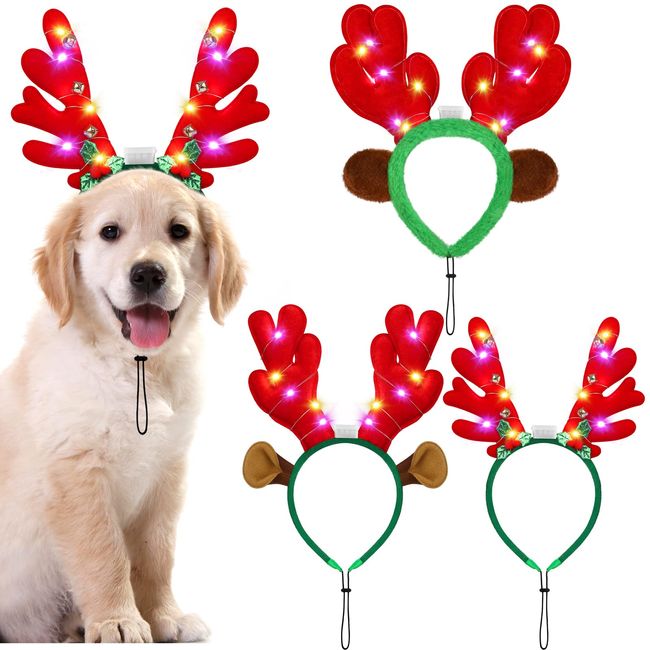 Pedgot 3 Pieces Light up Pet Christmas Headbands LED Pet Xmas Reindeer Antler Headbands for Christmas Holiday Supplies Accessory