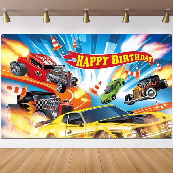 Hot Car Birthday Party Decorations Hot Race Car Birthday Party Backdrop 6.1x3.6ft Banner Background for Boys Birthday Supplies Racing Car Signs for Indoor Outdoor Birthday Party Decorations Supplies