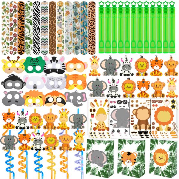 Jungle Safari Party Favors Set 84 PCS Wild Animals Theme Masks Sticker Keychains Straws Slap Bracelets Bubble Sticks Gift Bags for Kids Birthday Party Baby Shower Goodie Bag Fillers Jungle Safari