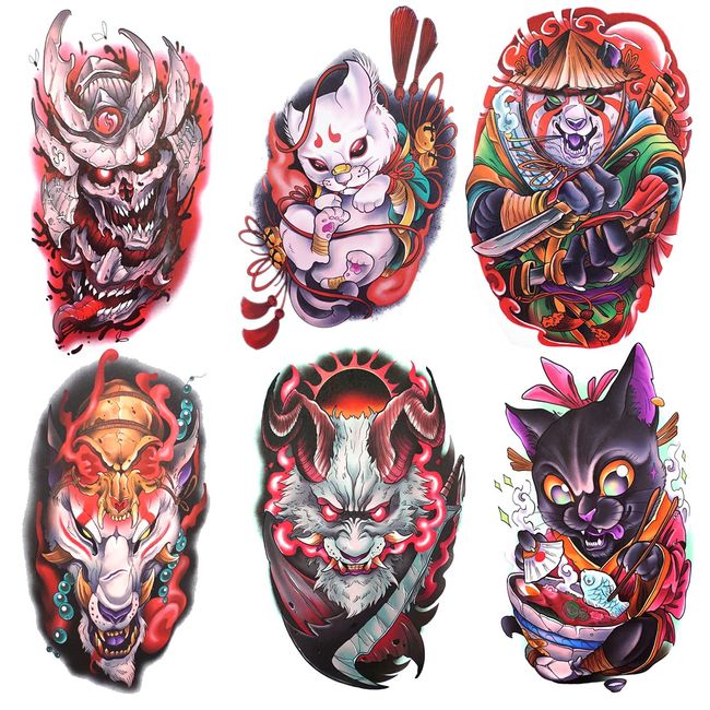 Oottati 6 Blätter Wasserfest Temporäre Tattoos Fake Tätowierung Arm Panda Schwarz Weiß Katze Schädel Japanischer Stil Fuchs Ziege Teufel