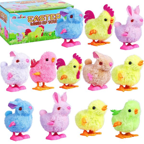 Max Fun 12Pcs Easter Wind Up Toys Easter Basket Stuffers Chicks Bunny Assortments for Easter Party Favors Easter Egg Hunt Treasure Chests Goody Bag Filler