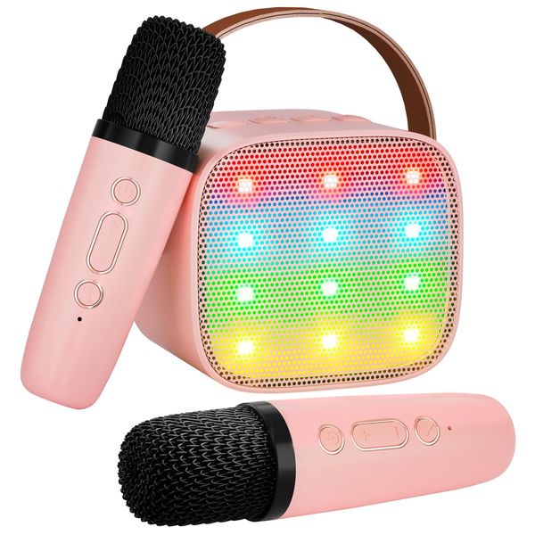 VERKB Kids Karaoke Machine, Kids Toys Birthday Gift for Girls, Mini Portable Bluetooth Speaker with 2 Wireless Microphone for Girl 5,6,7,8,10+Year Old(Pink)