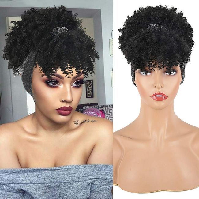 Aisaide Gray Headband Wigs for Black Women,Afro Headband Wig Synthetic Short Curly Wigs Afro Kinky Curly Black Wig with Bangs Wrap Wigs 2 in 1 Head Wrap Wig with Headband Attached Turban Wig