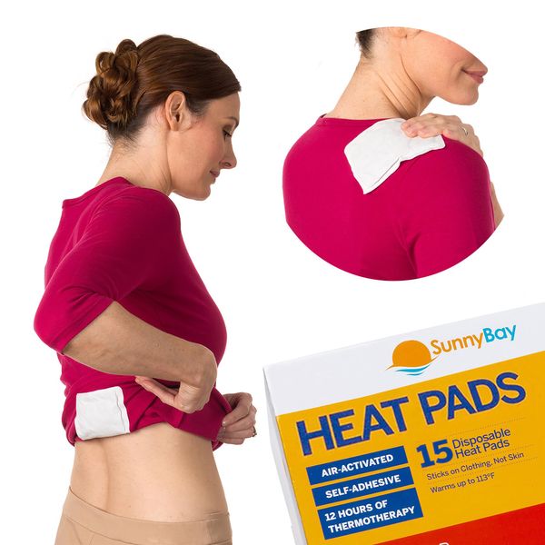 SunnyBay Adhesive Heat Patches for Neck, Knee, and Upper or Lower Back, Air-Activated Heat Pads for Menstrual Cramps, Stiffness, Sprains, and More, Stick to Clothing, 5x3 inches, 15 Count