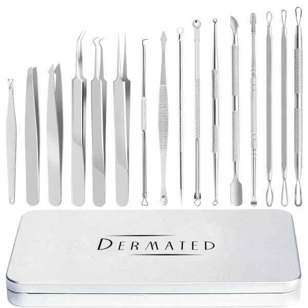 Dermated [16 Pack] Blackhead Remover Tools Pimple Popper Tool Kit | Stainless Steel Professional Pimple Extractor Tool Kit for Blackheads, Blemish, Comdone, Acne, Zit, and Whiteheads for Face & Nose