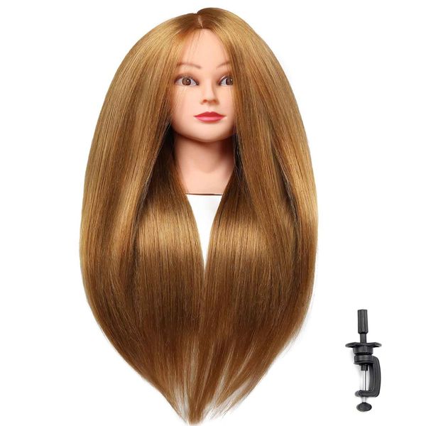 IBLUES 26"-28" Mannequin Head with 60% Real Hair, Hairdresser Practice Training Head Cosmetology Long Hair Manikin Doll Head with 9 Tools and Clamp - #27 Golden, Makeup On