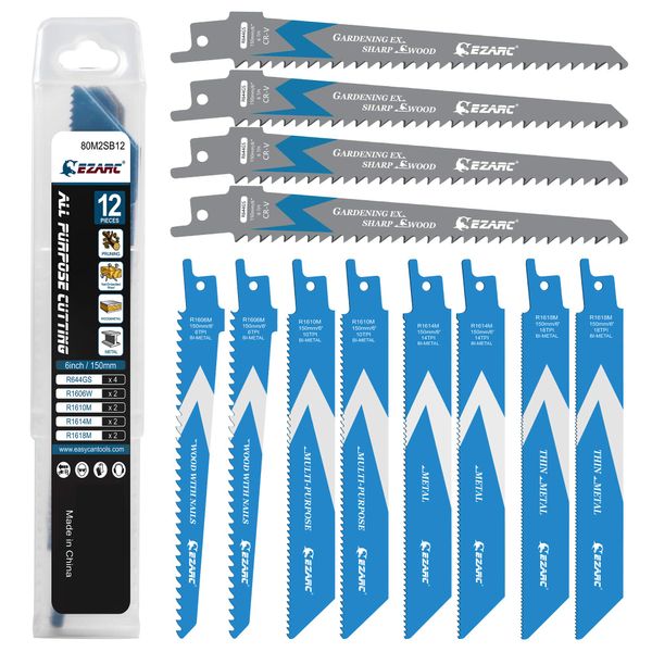 EZARC Reciprocating Saw Blades Set, 12 Piece Sabre Saw Blade for Wood and Metal, Pruner Saw Blades with Organizer