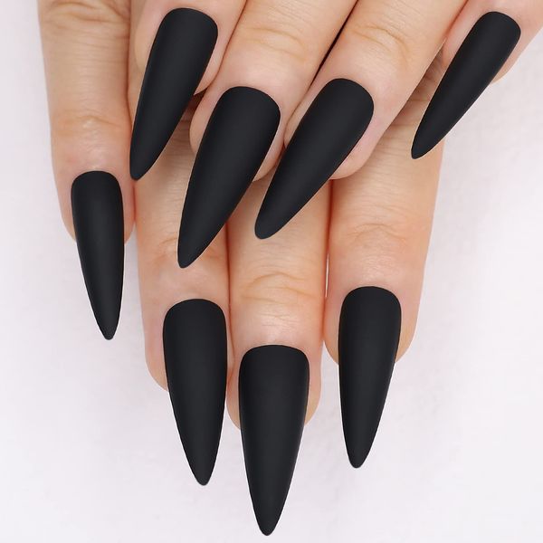 Kikmoya Matte Pure Black Extra Long Press on Nails Stiletto Nail Tips 24pcs Fake Nails Almond Acrylic Nails False Nails Press-On Manicure Artificial Nails Stick on Nails for Women (Matte Black)