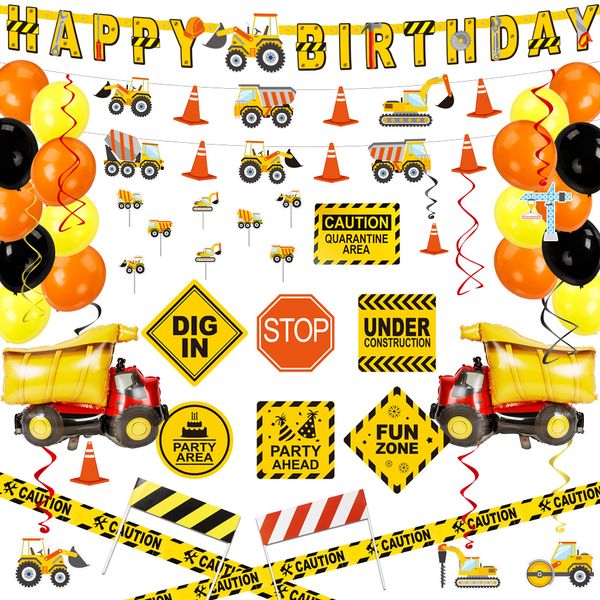 73PCS Construction Party Decorations for Boys, Cupcake Toppers, Barricades, Caution Tape, Foil Balloons, Banners, Hanging Swirls, Construction Birthday Party Supplies