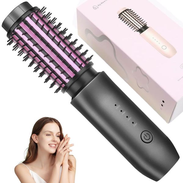 Cordless Curling Iron Brush, 2 in 1 Cordless Hair Curler and Straightener Brush, 7000Mah Portable Travel Curling Iron Mini Brush, Rechargeable Curling Wand Brush with Negative Ion, 150℃-210℃ (Gery)