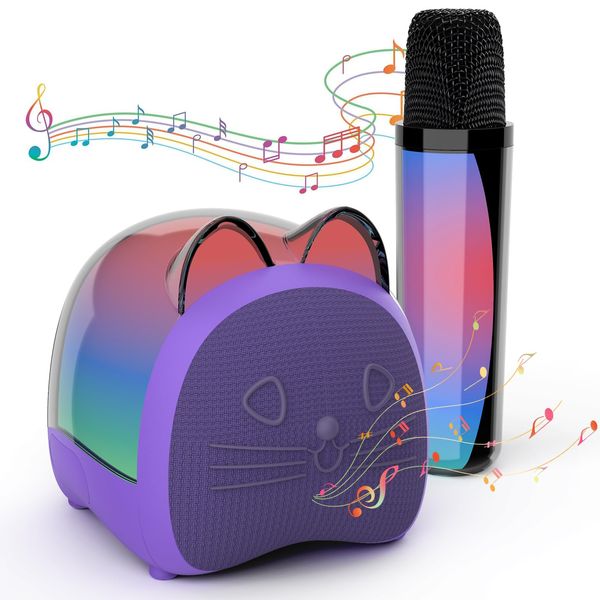 Mini Karaoke Machine for Kids & Adults,Portable Bluetooth Speaker with Wireless Microphones, Toys Birthday Gifts for 3-12 Year Old Family Home Party,Purple