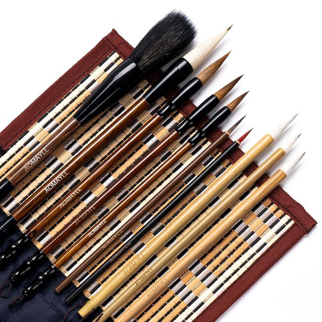 AOMAYLL Chinese Calligraphy Brush Set - Premium Watercolor Brushes with Roll-up Bamboo Holder - Ideal for Kanji, Japanese Sumi, Painting, Drawing - 10 Piece Set (B) …