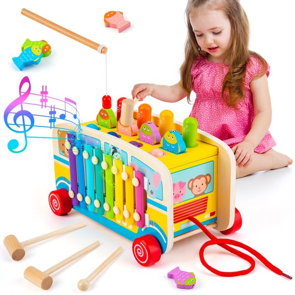 Sundaymot Wooden Montessori Toys for 1 Year Old, 4-in-1 Early Development & Activity Toys, Whack a Mole Game Musical Toys for 1 Year Old, Sensory Toys for 1 2 3 4 Year Old Boys and Girls - Bus Version