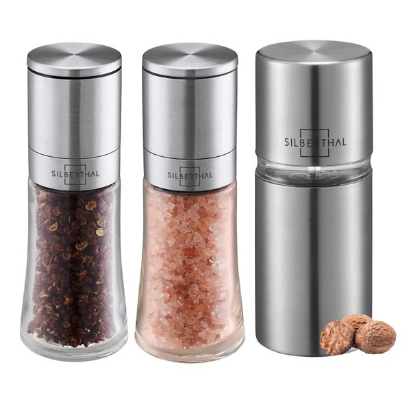 SILBERTHAL Gewürzmühlen Set mit einstellbarem Mahlgrad - Edelstahl - Muskatnuss Reibe mit Salzmühle und Peffermühlenset - Muskatmühle