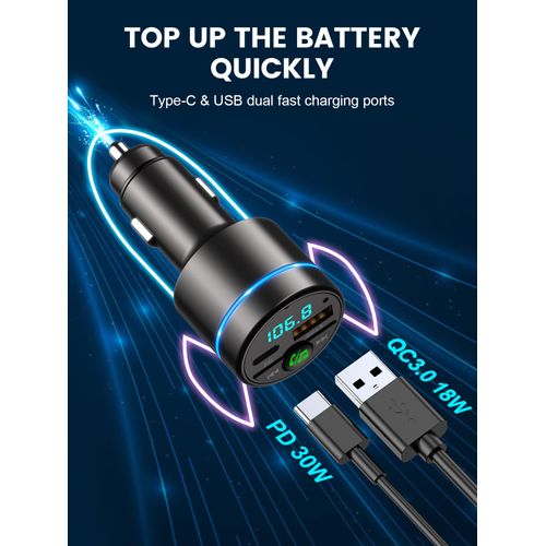 Bluetooth Car Adapter 5.3, Mohard All-Metal PD 30W & QC3.0 18W Fast Car Charger, Wireless FM Radio Car Kit FM Transmitter for Car, Noise Cancelling Hands-Free Call, Hi-Fi Music, Ring Light