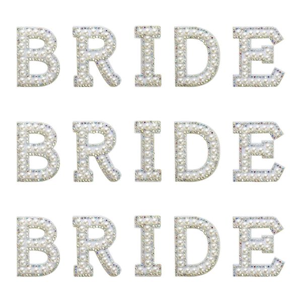 KINBOM Bride Rhinestone Iron On, 15pcs Pearl Patches Iron On Sew On Letters Patches Fabric Applique Pearl Letter Rhinestone Iron On Patches for Clothes Hat Art Project (Color Rhinestone)