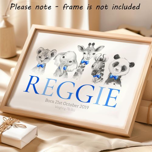 Safari Animals Boys Nursery Bedroom Unframed Print, Personalised Name and Birth/Weight Details, New Baby Gift Wall Art Decor Present in Grey Blue Green Yellow, Giraffe Elephant Lion Zebra Panda (A4)
