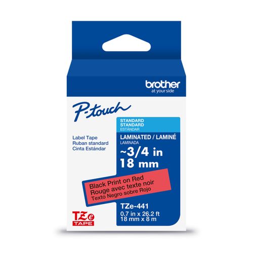 Brother Genuine P-Touch TZe Black Print on Red Label Tape (TZe441), Laminated,3/4in x 26.2ft (18mm x 8m), for Select P-Touch Label Makers, Durable, Water-Resistant, Indoor/Outdoor Use