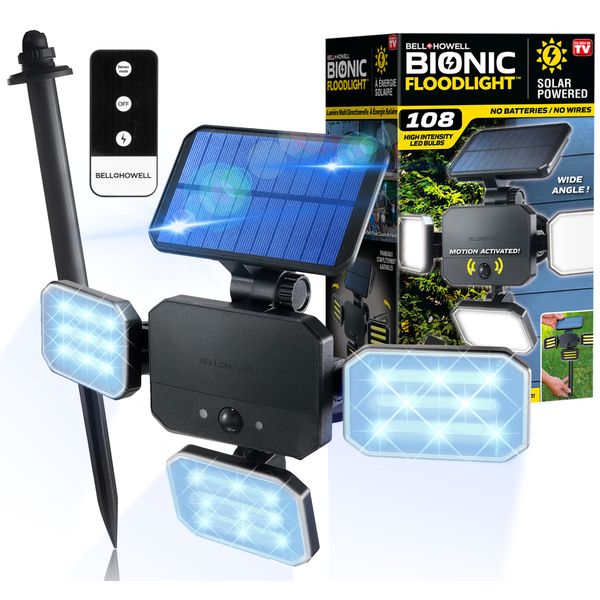 Bell+Howell Bionic Flood Light ASON TV, Solar Lights Outdoor Waterproof- 50% Brighter 108 COB-LED's w/Motion Sensor 180° Swivel, Adjustable Panels for Garden, Lawn and Patio As Seen On TV