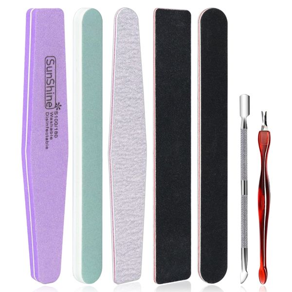 Qufiiry 7 Stück Nagelfeilen 100/180 Set, Nagelfeile für Gelnägel, Feilen für Gelnägel Set, Nail File Doppelseitige Block Buffer für Natürliche Nägel und Gelnägel, mit Nagelhautschieber Edelstahl