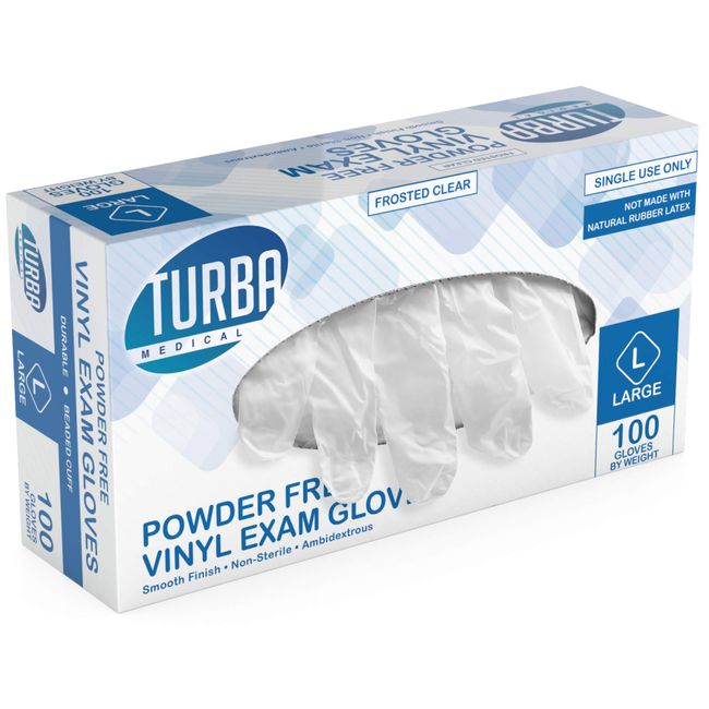 Disposable Vinyl Gloves, 100 Size Large Non Sterile, Powder Free, Latex Free - Examination Gloves, Cleaning Supplies, Kitchen and Food Safe - Ambidextrous - by Turba