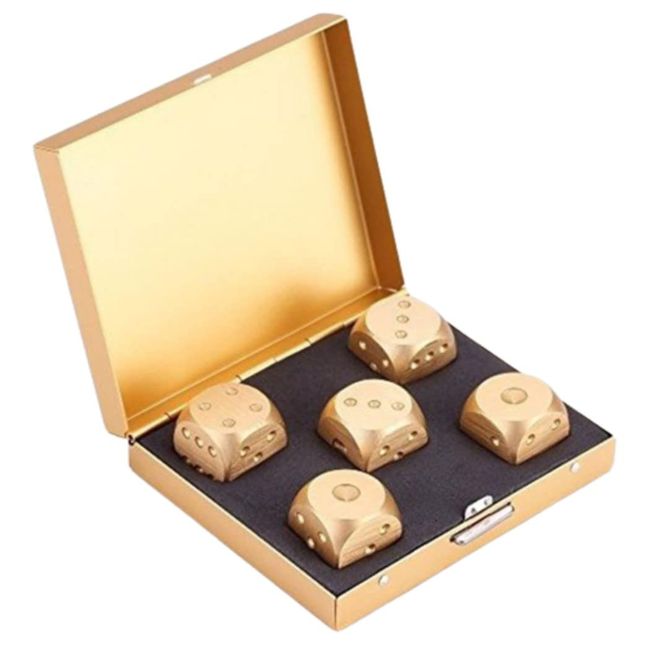 XSAJU Metal Dice, Gold, Aluminum Alloy, 6 Sides, Set of 5, with Exclusive Case