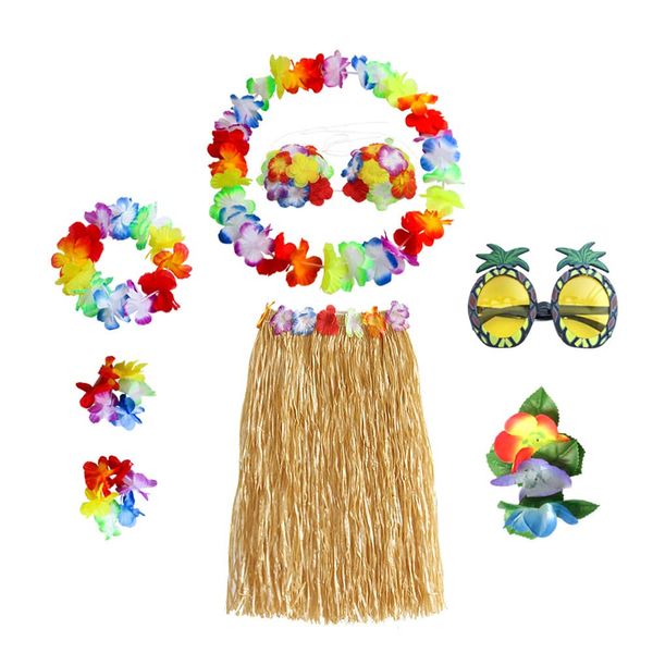 8PCS Hula Skirt Costume Hawaiian Leis Dancer Dress Set with Flower Bikini Top, Hawaiian Lei, Hibiscus Hair Clip, Pineapple for Adults Fancy Dress Supplies Party Summer Beach Tropical Party Decorations