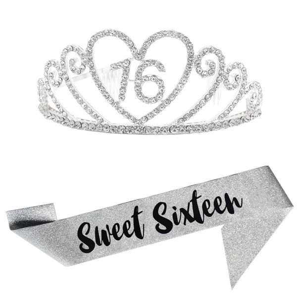 16th Silver Birthday Tiara and Sash Glitter Satin Sash and Crystal Rhinestone Tiara Crown for Happy 16th Birthday Party Supplies Favors Decorations 16th Birthday Party Accessories