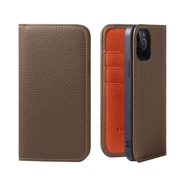 HANATORA iPhone 12 12Pro Case Folio Genuine Leather Smartphone Case Smartphone Stand with Cord Holder Shrink Calf Leather Gift No Magnet Taupe + Orange PH-12Pro-Taupe-OG